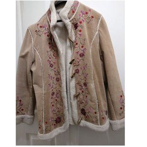 St John's Bay Women's Toggle-Button Flower Embroidery Mock-neck Worm Coat XL